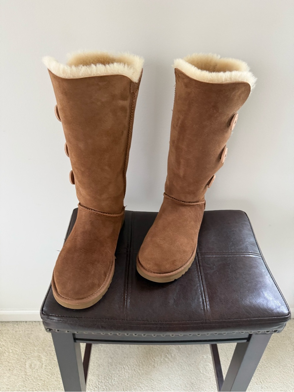 UGG Chestnut Tall Suede Button-Accent Shearling Boots